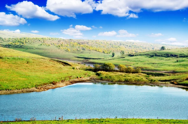 Lake and green field — Stock Photo, Image