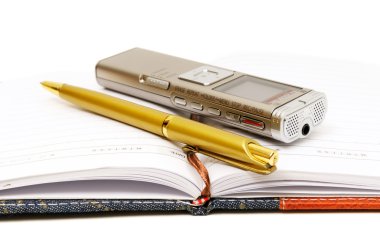 Dictaphone, notepad and ballpen clipart