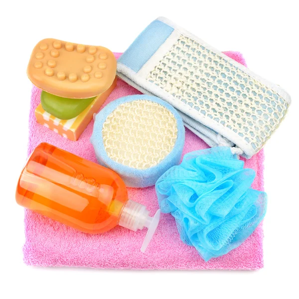 Towel, soap, shampoo, sponge — Stock Photo, Image