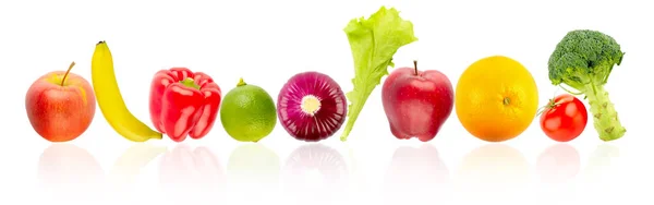 Świeże Dojrzałe Owoce Warzywa Rzędzie Refleksją Białym Tle — Zdjęcie stockowe