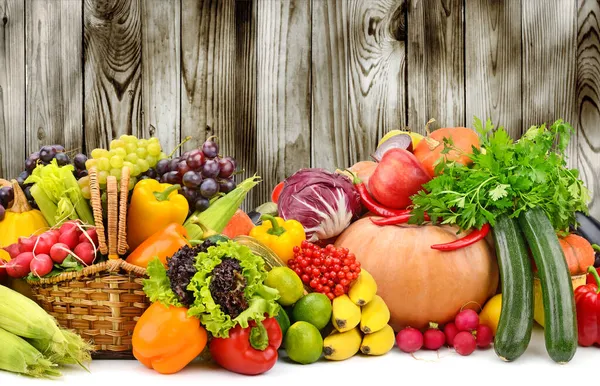 Frutas Verduras Maduras Sobre Fondo Madera Oscura Para Panel Cocina — Foto de Stock