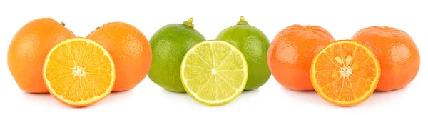 Φρούτα Πορτοκαλιού Μανταρινιού Ασβέστη Ολόκληρα Και Μισά Απομονωμένα Λευκό Φόντο — Φωτογραφία Αρχείου