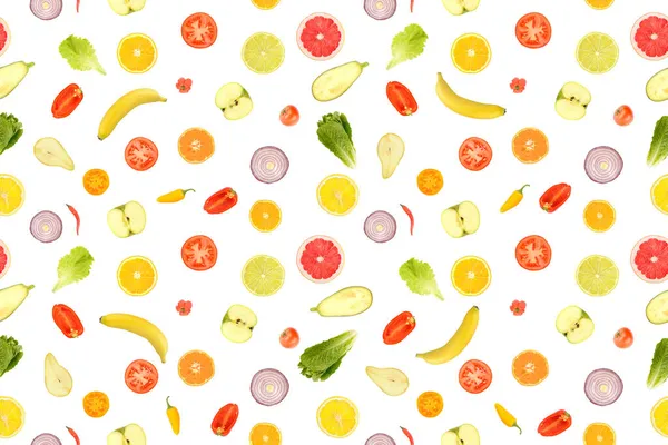 Απρόσκοπτη Μοτίβο Των Φωτεινών Λαχανικών Και Φρούτων Που Απομονώνονται Λευκό — Φωτογραφία Αρχείου