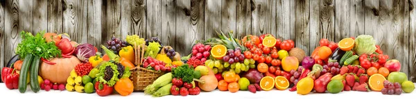 Verschillende Rijpe Groenten Fruit Donkere Houten Ondergrond Voor Keukenpaneel Kopieerruimte — Stockfoto
