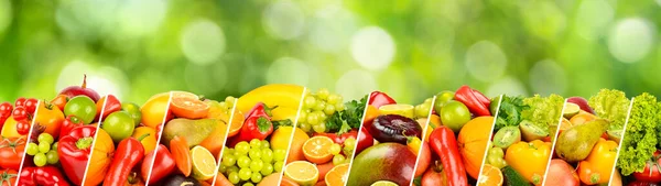 Ampia Raccolta Panoramica Frutta Verdura Bacche Separate Linee Inclinate Fondo — Foto Stock