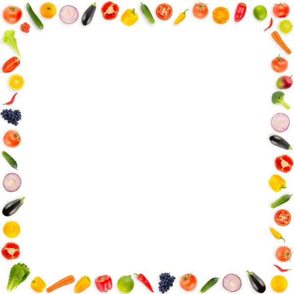 Quadratische Rahmen Reifes Frisches Gemüse Und Obst Isoliert Auf Weißem — Stockfoto