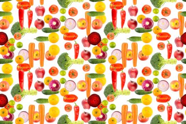 Kusursuz desenli parlak sebzeler ve meyveler gölgesiz beyaz arka planda izole edilmiş..