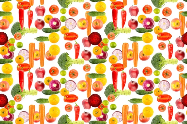 Seamless Pattern Bright Vegetables Fruits Isolated White Background Shadow — Stock Photo, Image