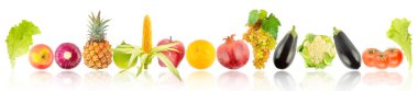 Fresh bright fruits and vegetables with light reflection isolated on white background.