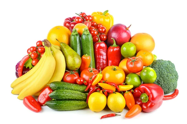 Ορίστε Φωτεινά Ώριμα Φρούτα Και Λαχανικά Που Απομονώνονται Λευκό Φόντο — Φωτογραφία Αρχείου