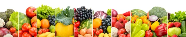 Széles Fotó Többszínű Friss Gyümölcsök Zöldségek Osztott Függőleges Vonalak Elszigetelt — Stock Fotó