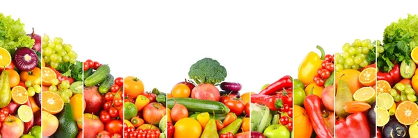 Foto Panorâmica Diferentes Frutas Legumes Isolados Fundo Branco — Fotografia de Stock
