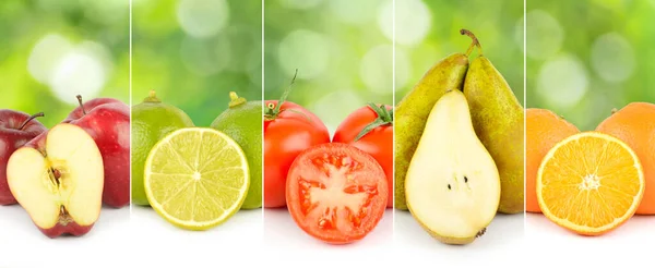 Closeup Panoramic Photo Fruits Vegetables Separated Vertical Lines Green Blurred — Stock Photo, Image