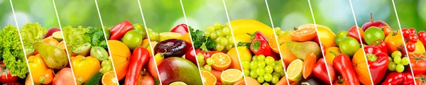 Ampia Raccolta Panoramica Frutta Verdura Bacche Separate Linee Inclinate Fondo Fotografia Stock
