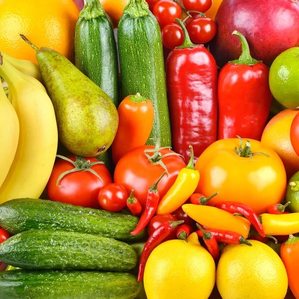 Set Frutas Verduras Maduras Brillantes Aisladas Sobre Fondo Blanco — Foto de Stock