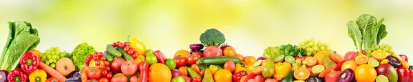 Foto Panorámica Frutas Verduras Sobre Fondo Verde Natural Borroso Espacio — Foto de Stock