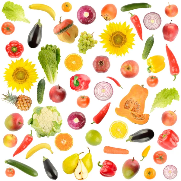 Große Quadratische Reihe Von Gemüse Und Obst Isoliert Auf Weißem — Stockfoto