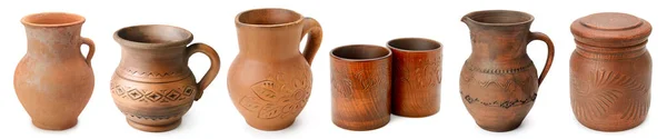 Conjunto Jarros Cerâmica Vasos Copos Isolados Sobre Fundo Branco — Fotografia de Stock