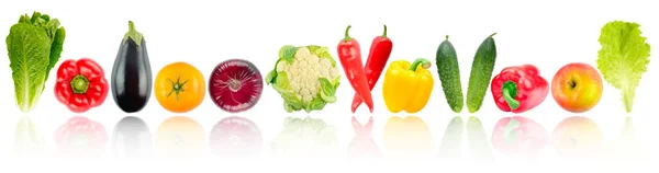 Panoramic Skinali Fruits Vegetables Row Soft Reflection Isolated White Background — Stock Photo, Image