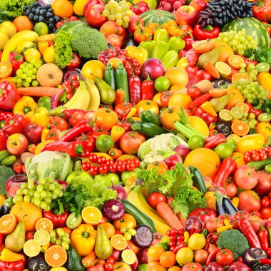 Taze ve sağlıklı sebze ve meyvelerden oluşan büyük meyve deseni. Kare arkaplan.