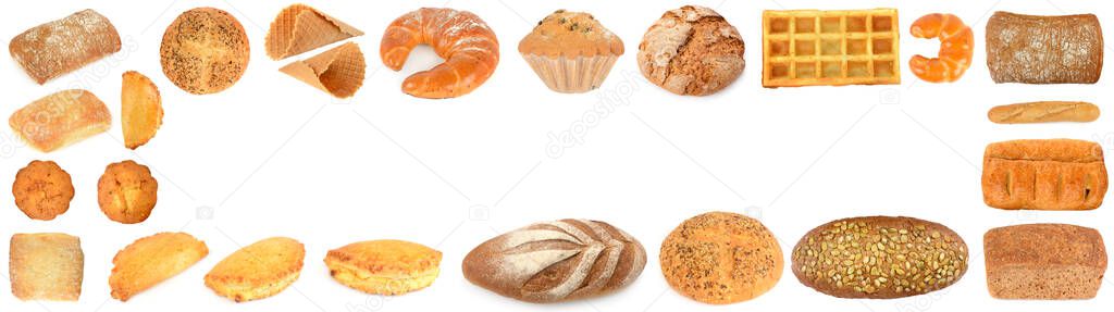 Frame from delicious and fresh bread products isolated on white background.