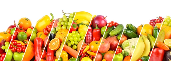 Wide Collage Fruits Vegetables Berries Separated Sloping Lines Isolated White — Stock Photo, Image