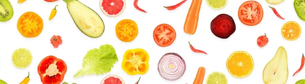白を基調とした健康のために役立つジューシーな野菜や果物のパノラマシームレスなパターン — ストック写真