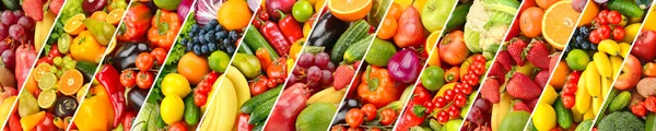 Κολάζ Φρέσκα Φωτεινά Λαχανικά Και Φρούτα Διαχωρισμένα Λοξές Γραμμές — Φωτογραφία Αρχείου