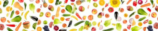 Panorama Van Collecties Groenten Fruit Gescheiden Door Schuine Lijnen Witte — Stockfoto