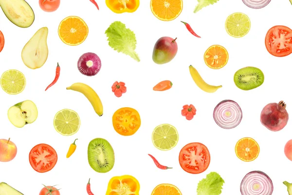白地に隔離された健康のために役立つジューシーな野菜や果物のシームレスなパターン — ストック写真