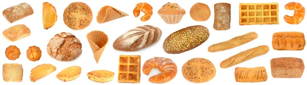 Stor Uppsättning Nybakade Bröd Produkter Isolerad Vit Bakgrund — Stockfoto