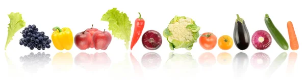 Panorama Ripe Fresh Fruits Vegetables Light Reflection Isolated White Background — Stock Photo, Image