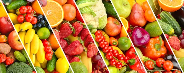 Κολλάζ Φωτεινά Λαχανικά Και Φρούτα Διαχωρισμένες Λοξές Γραμμές — Φωτογραφία Αρχείου