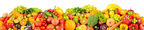 Wide Panoramic Composition Ripe Juicy Fruits Vegetables Isolated White Background — Stock Photo, Image