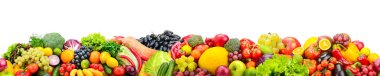 Sağlıklı meyvelerin yatay ve pürüzsüz deseni, beyaz arka planda izole edilmiş sebzeler..