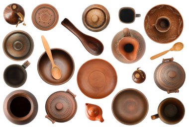 Collection of old pottery isolated on white background.