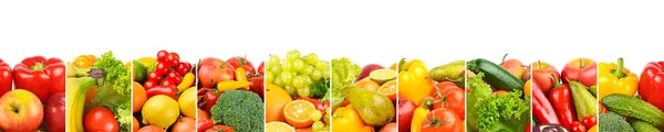 Amplio Panorama Frutas Verduras Sanas Separadas Por Líneas Verticales Sobre — Foto de Stock