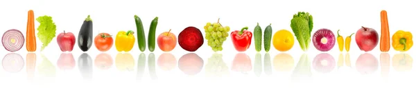 Fresh Fruits Vegetables Arranged One Row Light Reflection Isolated White — Zdjęcie stockowe