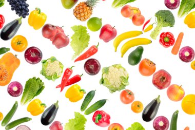 Large background of vegetables and fruits isolated on white background