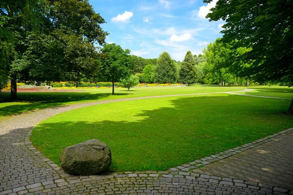 Mooie Weide Met Groen Gras Wandelpaden Openbaar Park — Stockfoto