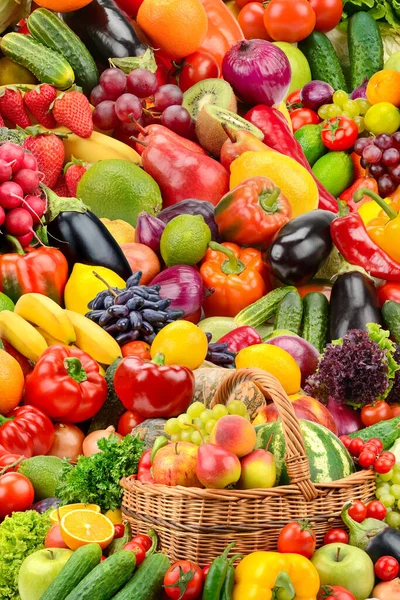 Vertikaler Hintergrund Aus Hellem Frischem Gesundem Gemüse Obst Und Beeren — Stockfoto