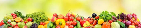 Wide Panorama Fruits Vegetables Berries Your Layout Green Blurred Background — Zdjęcie stockowe