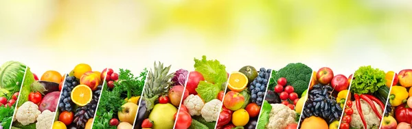 Διαφορετικά Φρούτα Και Λαχανικά Διαχωρίζονται Επικλινείς Γραμμές Πράσινο Φόντο — Φωτογραφία Αρχείου