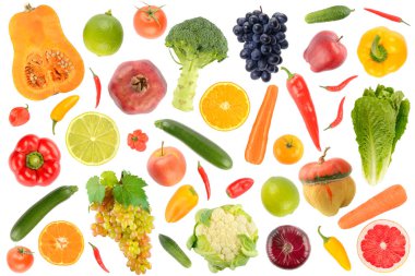 Soyut model. Beyaz arka planda izole edilmiş büyük taze sebze ve meyve koleksiyonu.