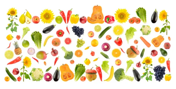 白色上的新鲜蔬菜和水果的明亮的大背景 — 图库照片