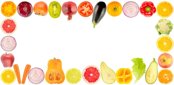 Larga Moldura Cortar Legumes Frutas Isoladas Fundo Branco — Fotografia de Stock