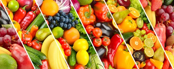 Kolaż Świeże Warzywa Owoce Oddzielone Ukośne Linie — Zdjęcie stockowe