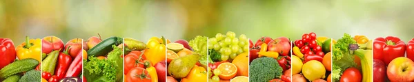 Широка Панорама Здорових Фруктів Овочів Розділених Вертикальними Лініями Зеленому Фоні — стокове фото