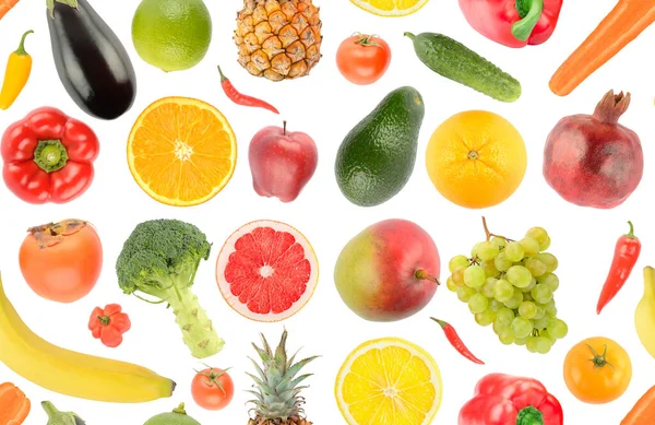 Płynny Wzór Jasnych Zdrowych Owoców Warzyw Odizolowanych Białym Tle — Zdjęcie stockowe
