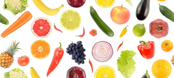 Beautiful Eamless Pattern Fresh Healthy Fruits Vegetables Isolated White Background — Stockfoto